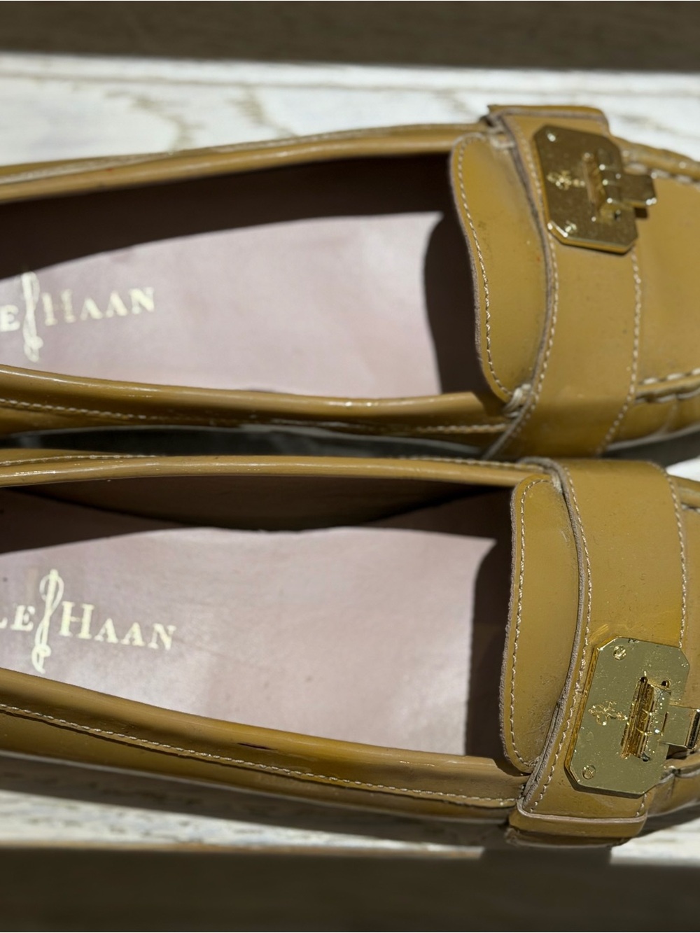 Cole Haan Golden Tan Leather Loafers with Gold Buckle